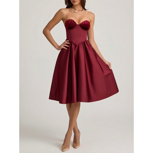 Oh Polly Dresses & Skirts - Oh Polly Burgundy Strapless Corset Midi Dress Velvet Bust Lace Up Back US 10 New